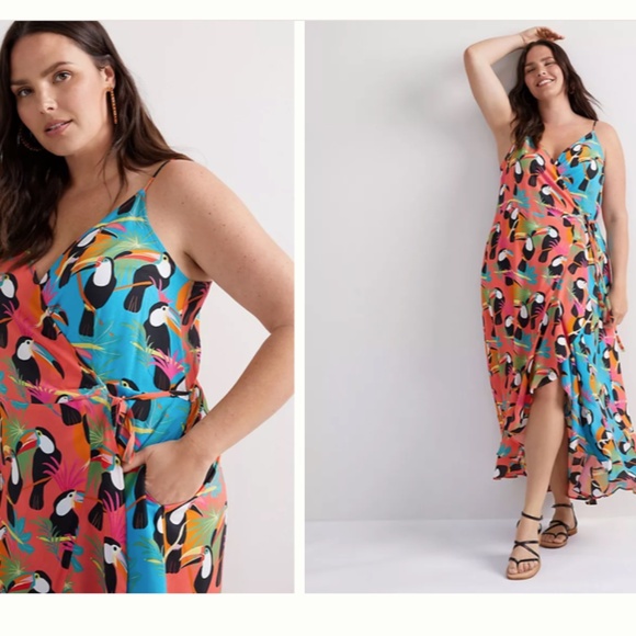 FARM RIO Sexy Romantic Elegant Flowy Vacation Resort Tropical Toucan Wrap Maxi - Picture 5 of 7